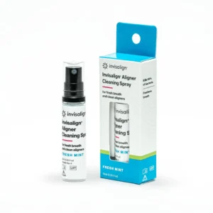 Invisalign aligner cleaning spray freshens breath and keeps aligners and retainers odor-free and hygienic.