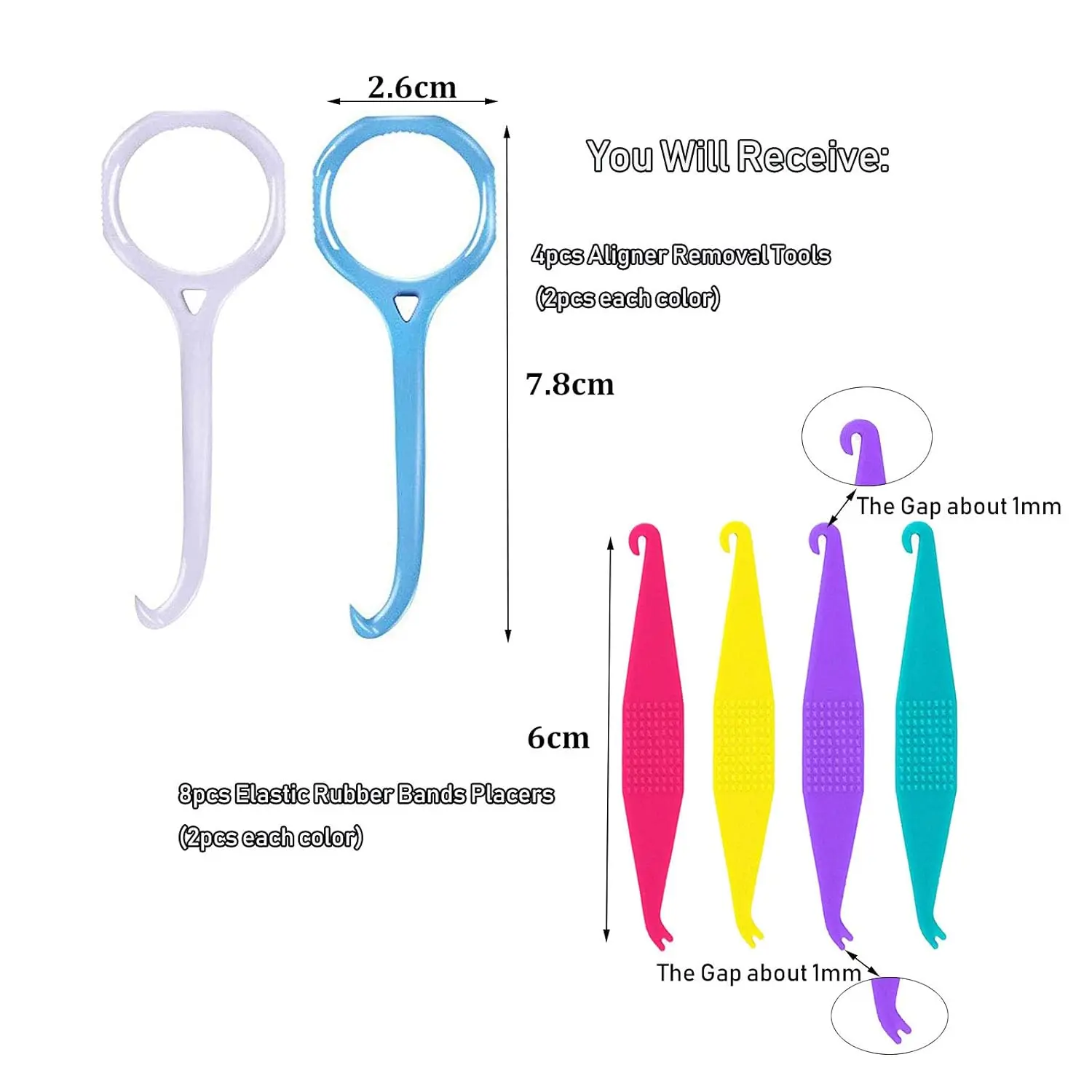 This 12-piece set includes aligner removal tools and elastic placers for comfortable and easy braces care and oral hygiene, featuring durable, food-grade plastic construction.