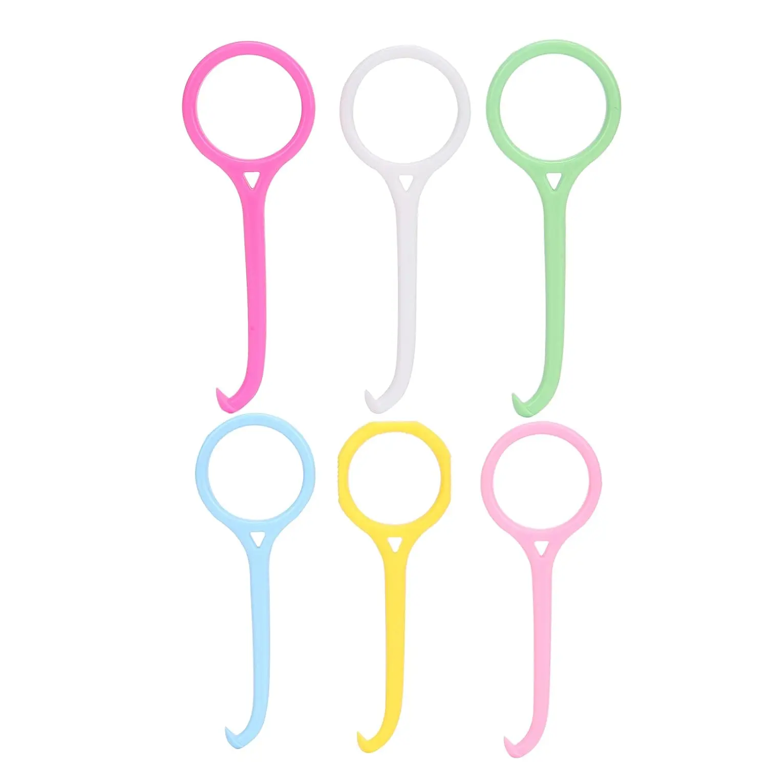 This image shows a six pack of Kaxilu aligner removal tools in different colors, designed to gently and effectively remove dental retainers and aligners like Invisalign without damaging gums, featuring a grip ring and non-slip case.