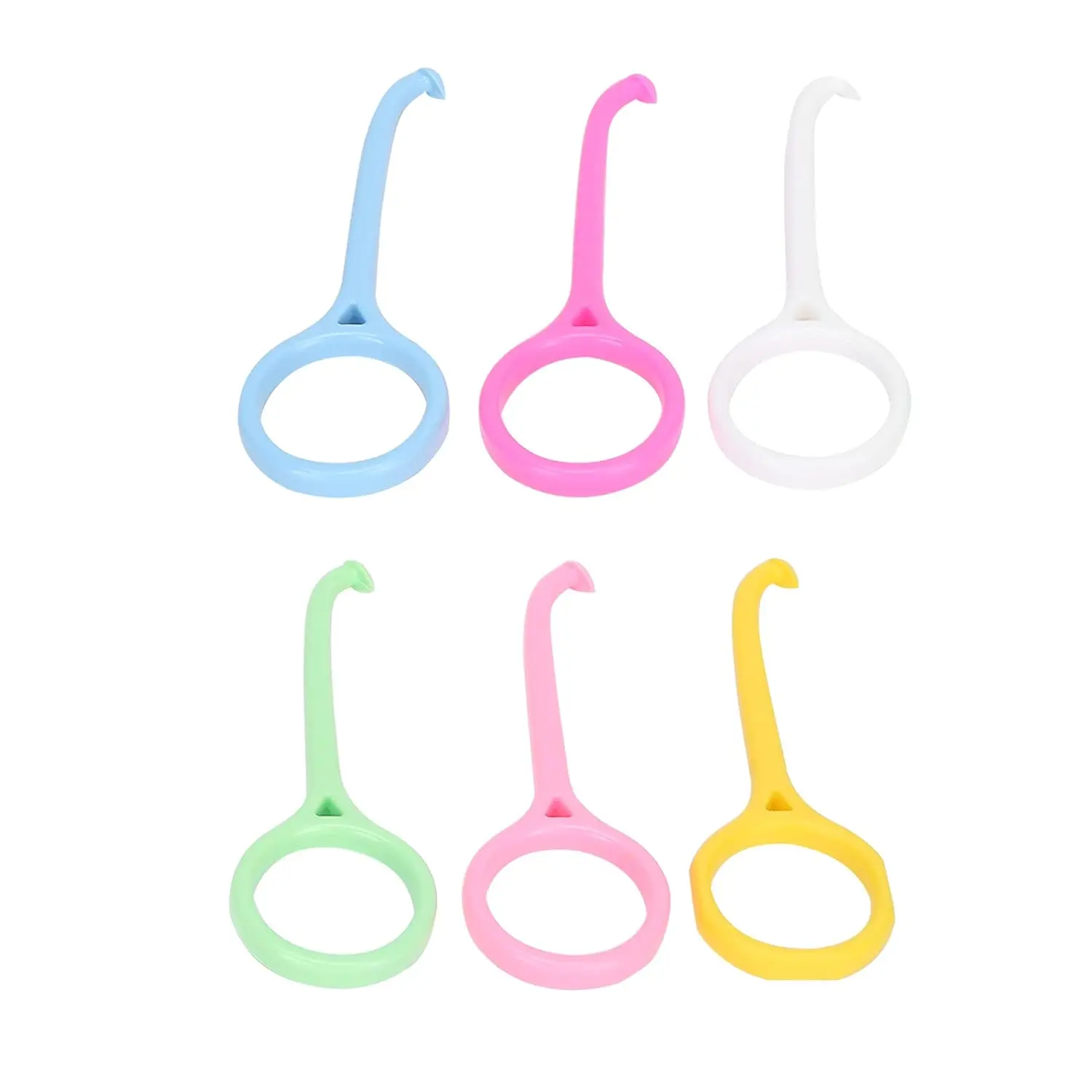 This image shows a six pack of Kaxilu aligner removal tools in different colors, designed to gently and effectively remove dental retainers and aligners like Invisalign without damaging gums, featuring a grip ring and non-slip case.