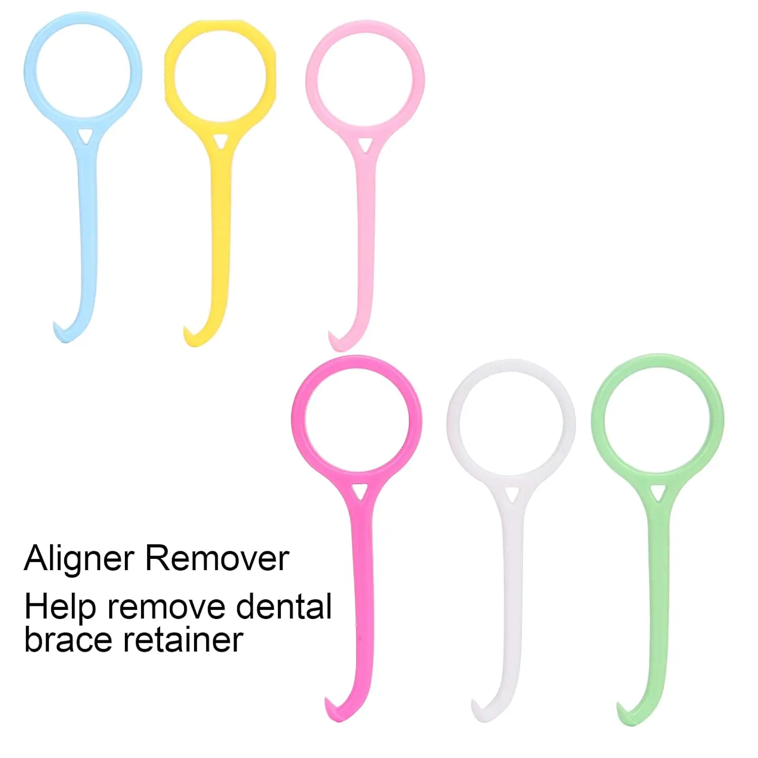 This image shows a six pack of Kaxilu aligner removal tools in different colors, designed to gently and effectively remove dental retainers and aligners like Invisalign without damaging gums, featuring a grip ring and non-slip case.