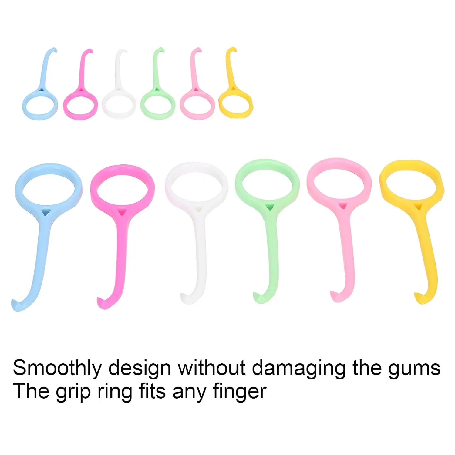 This image shows a six pack of Kaxilu aligner removal tools in different colors, designed to gently and effectively remove dental retainers and aligners like Invisalign without damaging gums, featuring a grip ring and non-slip case.