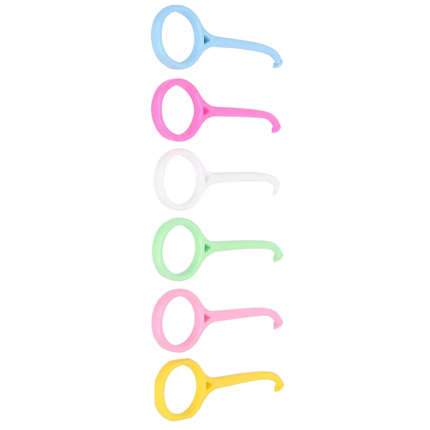 This image shows a six pack of Kaxilu aligner removal tools in different colors, designed to gently and effectively remove dental retainers and aligners like Invisalign without damaging gums, featuring a grip ring and non-slip case.