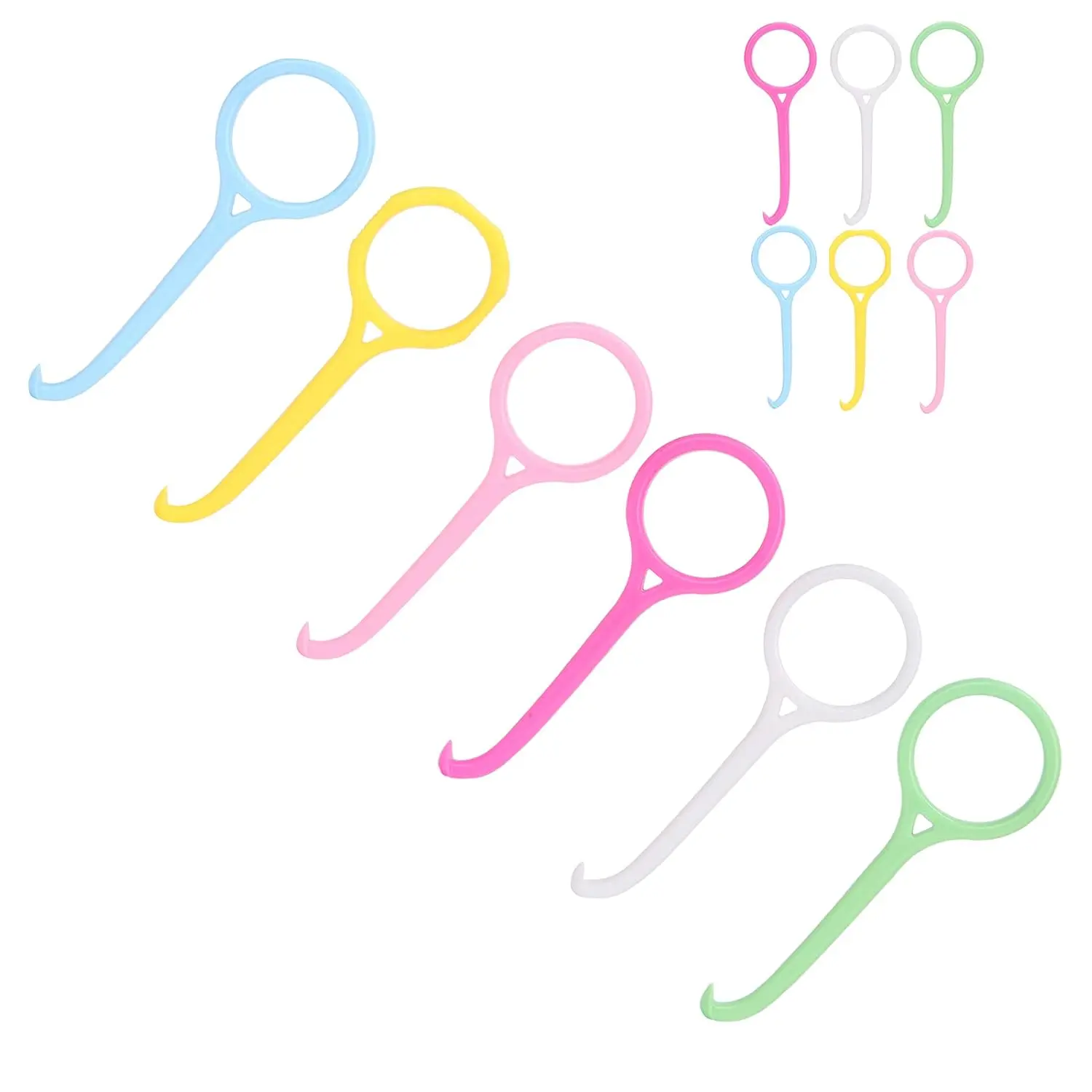 This image shows a six pack of Kaxilu aligner removal tools in different colors, designed to gently and effectively remove dental retainers and aligners like Invisalign without damaging gums, featuring a grip ring and non-slip case.