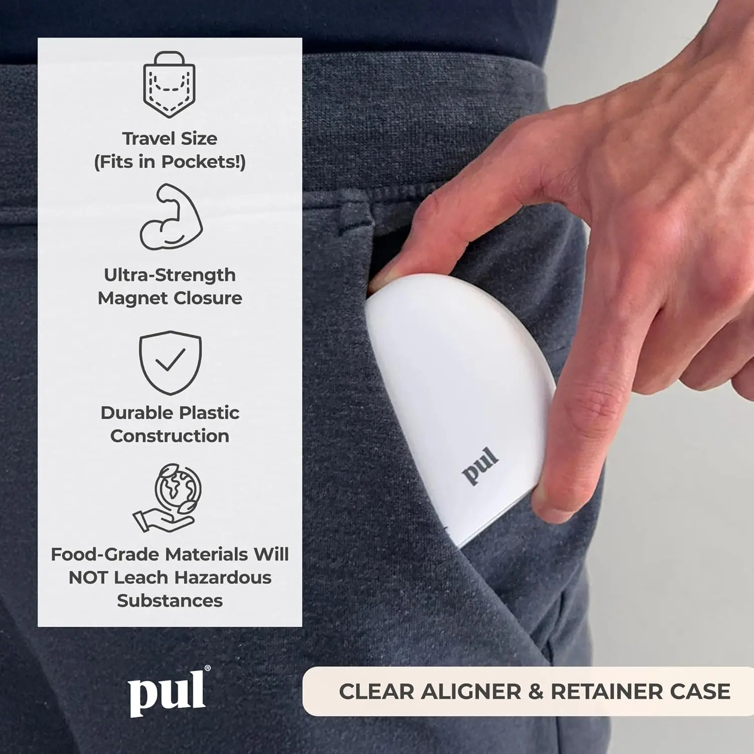 Gray slim and sleek PUL aligner case securely holding clear aligners.
