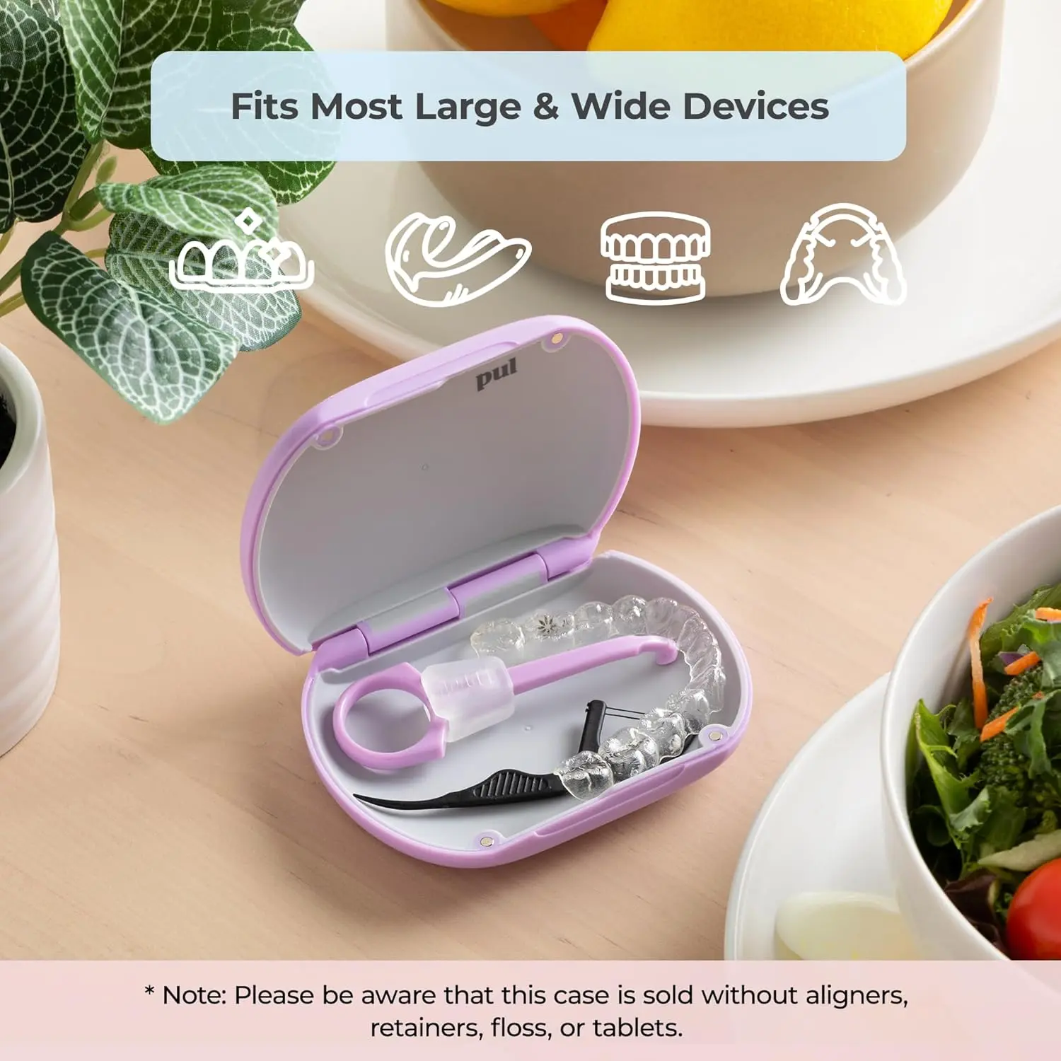 Gray slim and sleek PUL aligner case securely holding clear aligners.