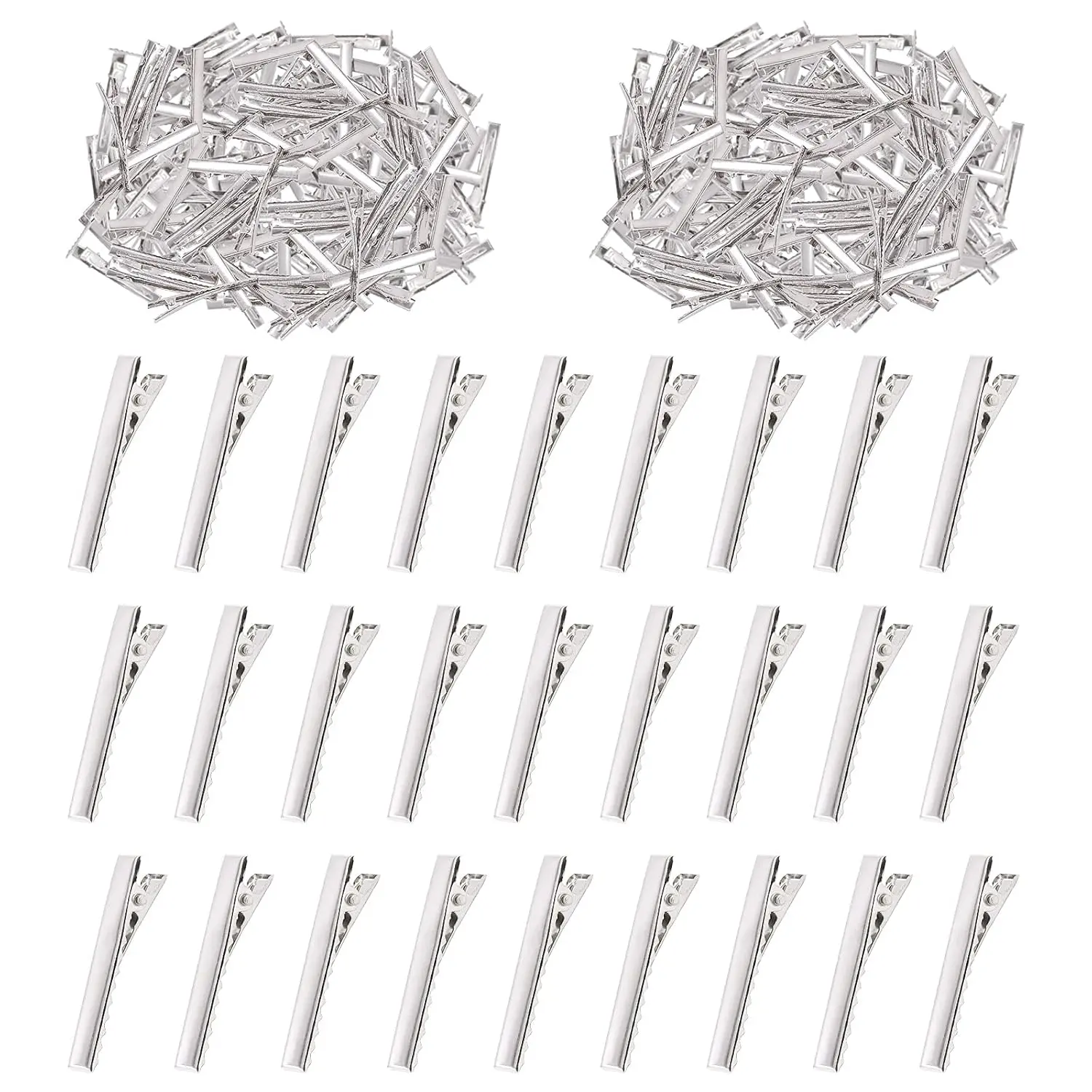 This image shows a kit of 200 metal alligator hair clips in various sizes perfect for hair styling, sectioning, and DIY hair accessories.