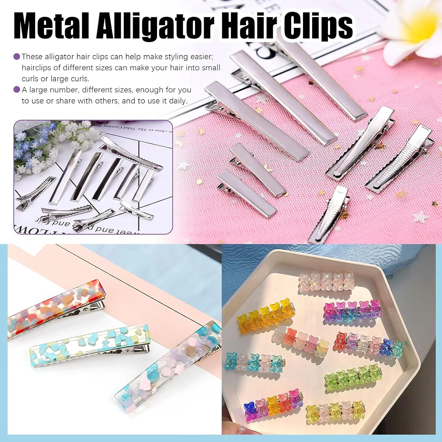 This image shows a kit of 200 metal alligator hair clips in various sizes perfect for hair styling, sectioning, and DIY hair accessories.