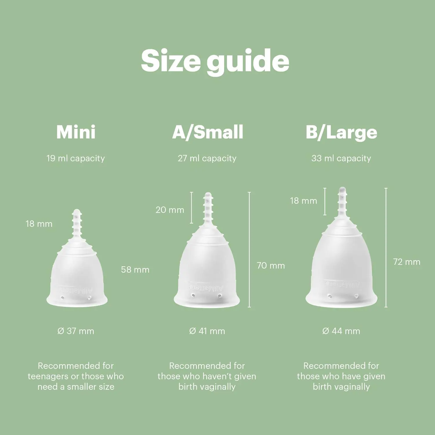 AllMatters Size Mini menstrual cup, formerly OrganiCup, made of soft, medical-grade silicone, ideal for teens or those needing a smaller, allergy-certified period cup.