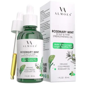 Bottle of Almoes rosemary mint hair oil promotes natural hair growth, strengthens hair, and soothes the scalp.