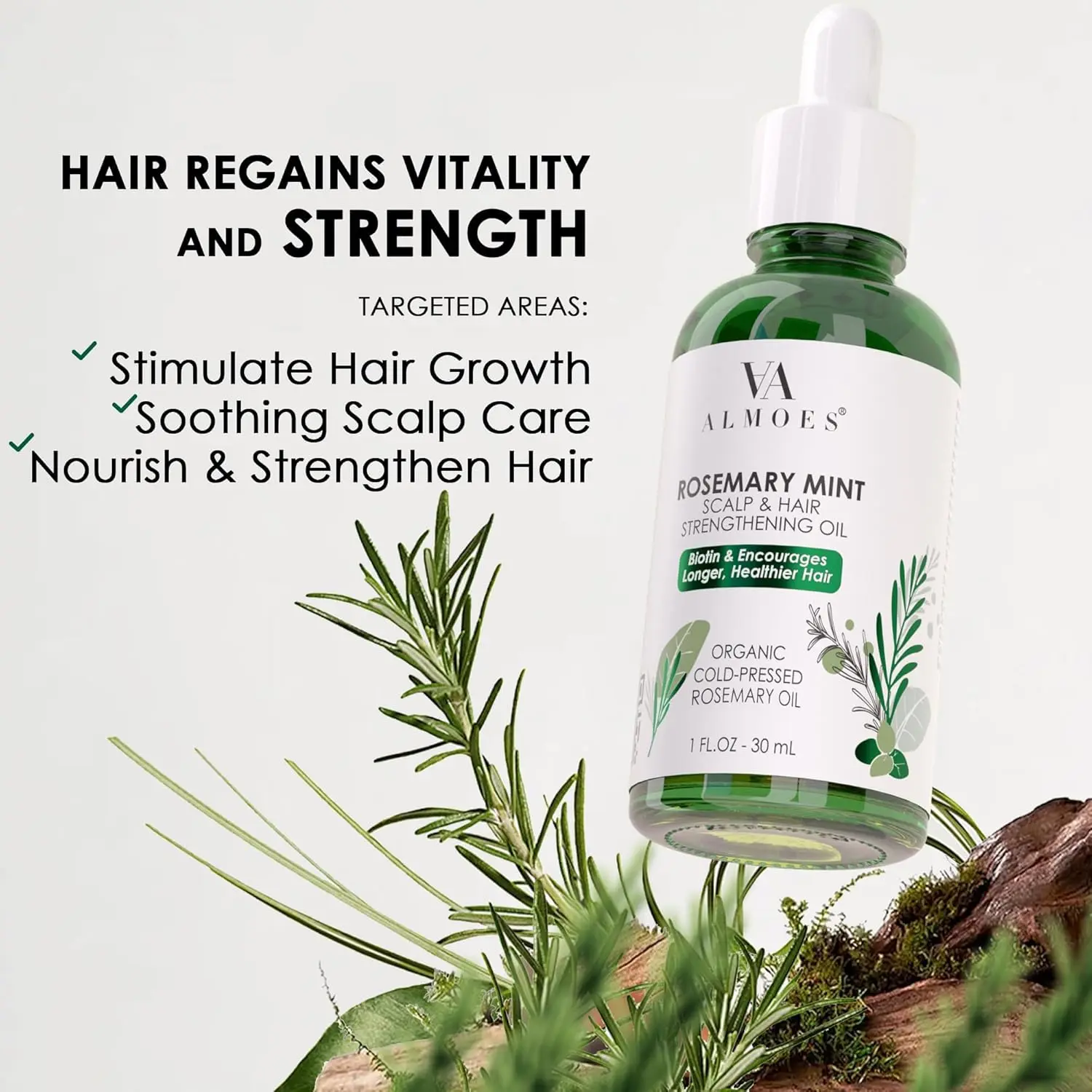Bottle of Almoes rosemary mint hair oil promotes natural hair growth, strengthens hair, and soothes the scalp.