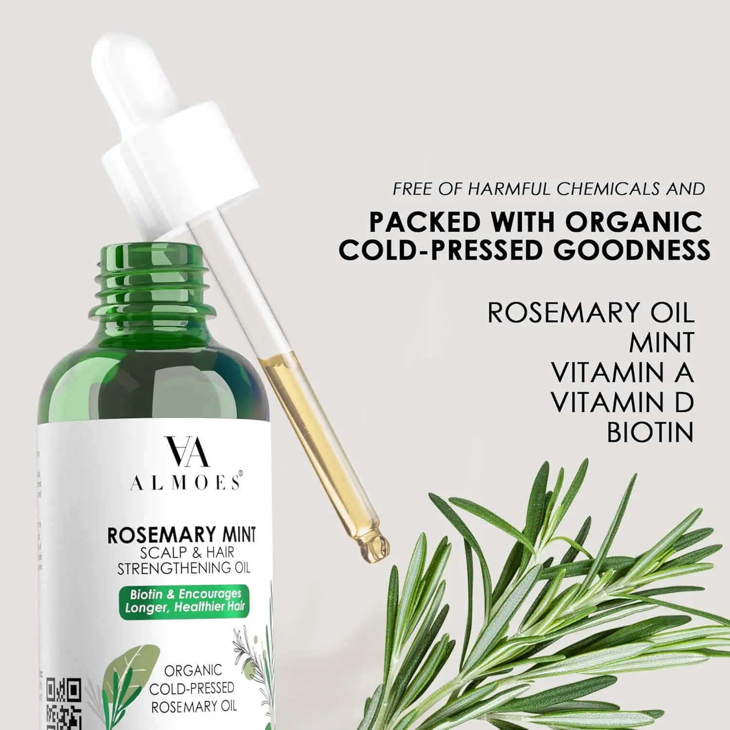 Bottle of Almoes rosemary mint hair oil promotes natural hair growth, strengthens hair, and soothes the scalp.