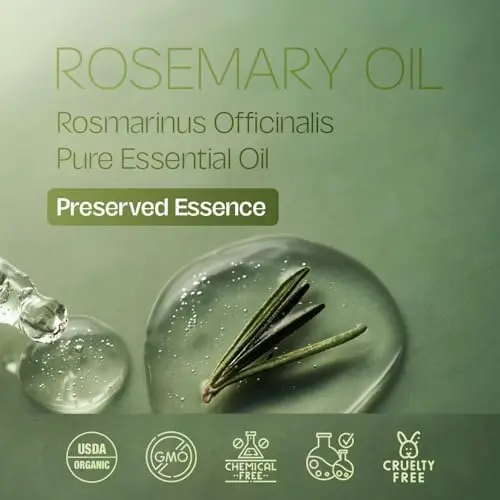 Bottle of Almoes rosemary mint hair oil promotes natural hair growth, strengthens hair, and soothes the scalp.