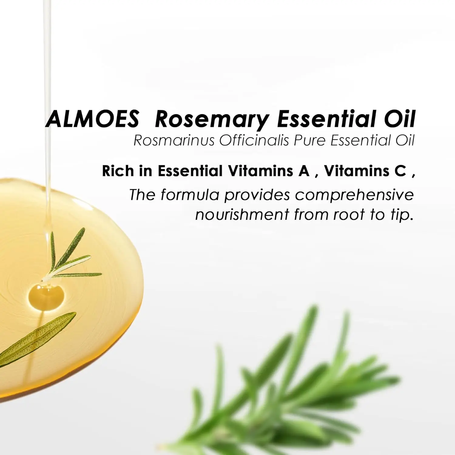 Bottle of Almoes rosemary mint hair oil promotes natural hair growth, strengthens hair, and soothes the scalp.