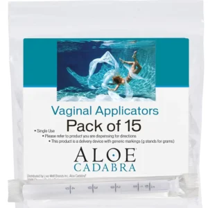 Fifteen individually wrapped, disposable vaginal applicators made by Aloe Cadabra for use with threaded vaginal creams and gels.