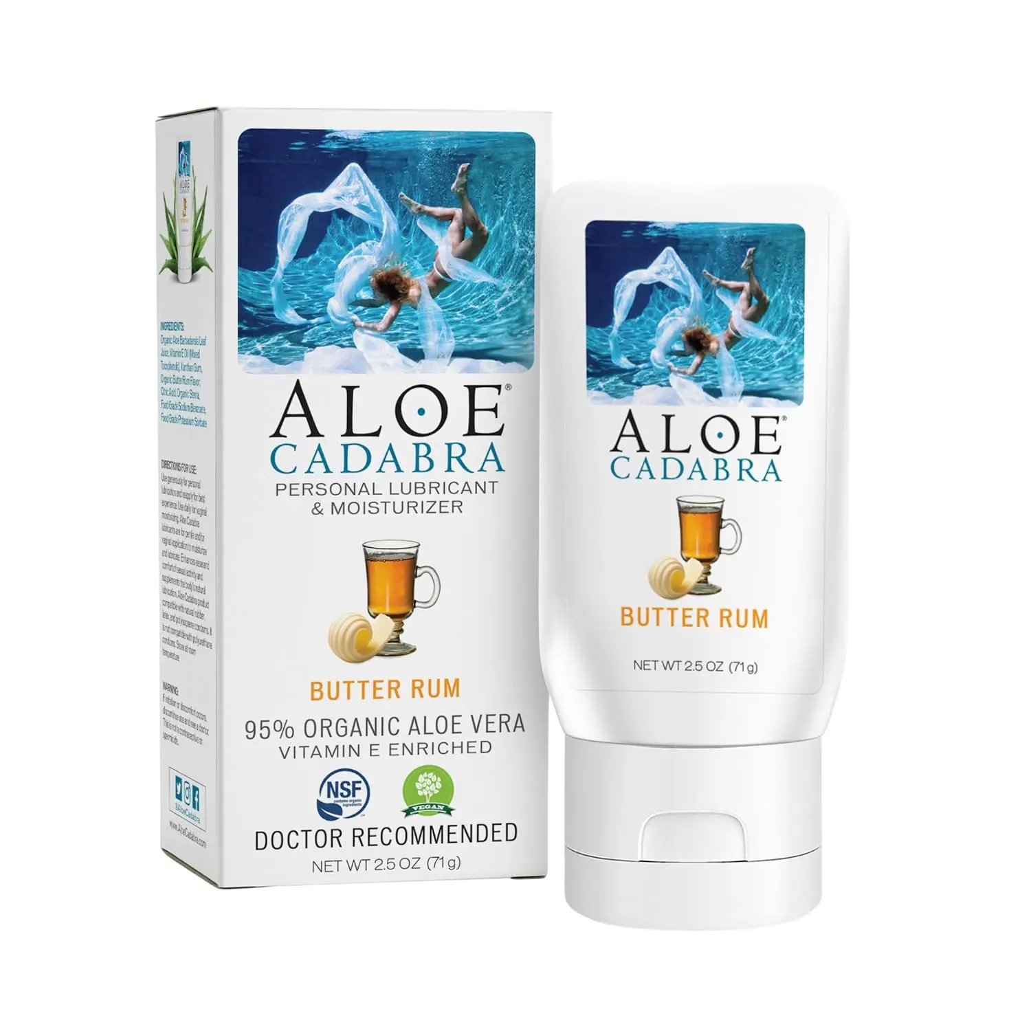This image shows a 2.5oz bottle of Aloe Cadabra natural butter rum flavored lubricant in hygienic packaging, carefully formulated for women, men, and couples.