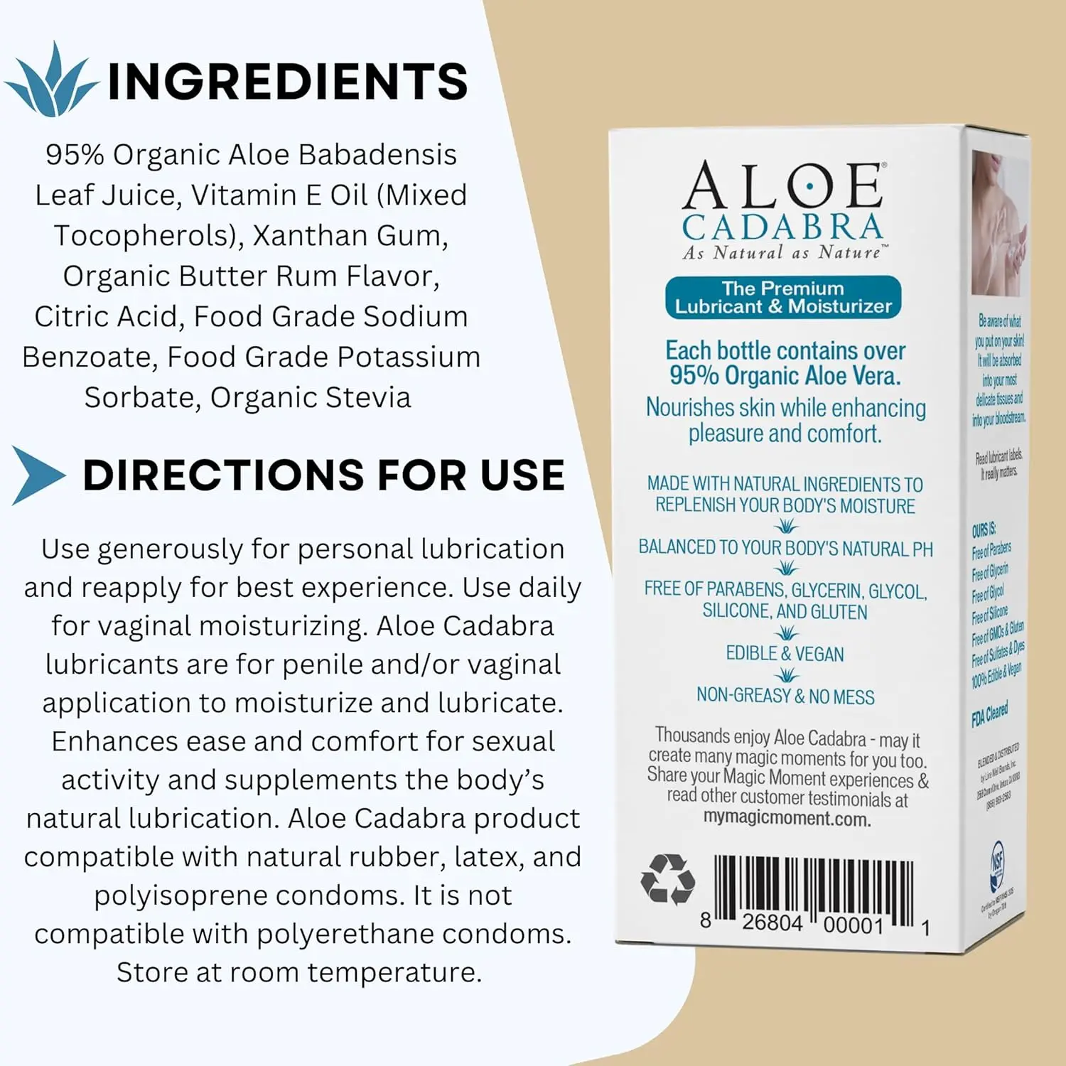 This image shows a 2.5oz bottle of Aloe Cadabra natural butter rum flavored lubricant in hygienic packaging, carefully formulated for women, men, and couples.