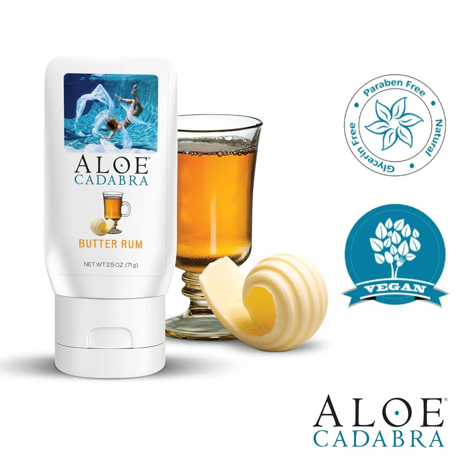 This image shows a 2.5oz bottle of Aloe Cadabra natural butter rum flavored lubricant in hygienic packaging, carefully formulated for women, men, and couples.