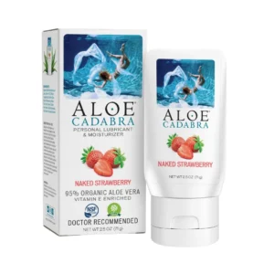 A bottle of Aloe Cadabra body lubricant, formulated with care and well packed, is displayed.