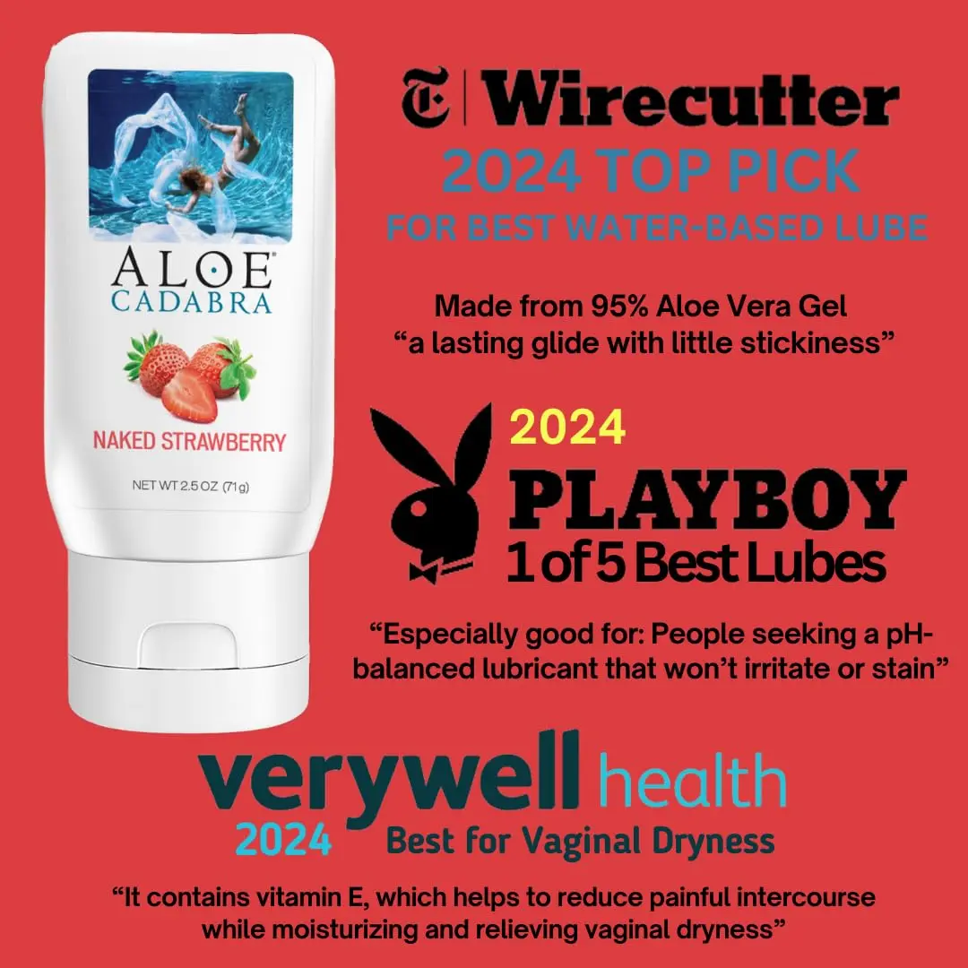 A bottle of Aloe Cadabra body lubricant, formulated with care and well packed, is displayed.