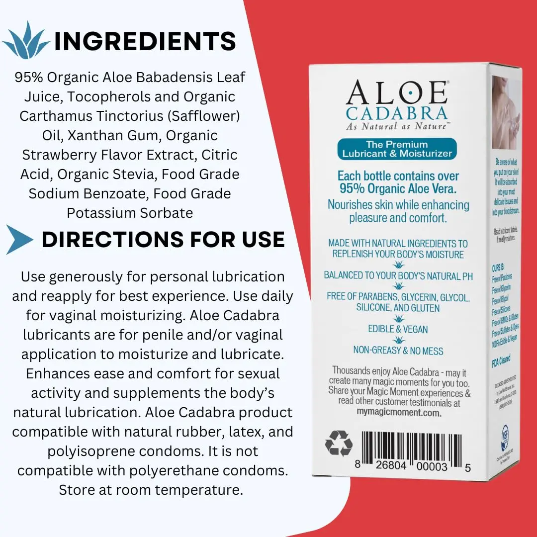 A bottle of Aloe Cadabra body lubricant, formulated with care and well packed, is displayed.