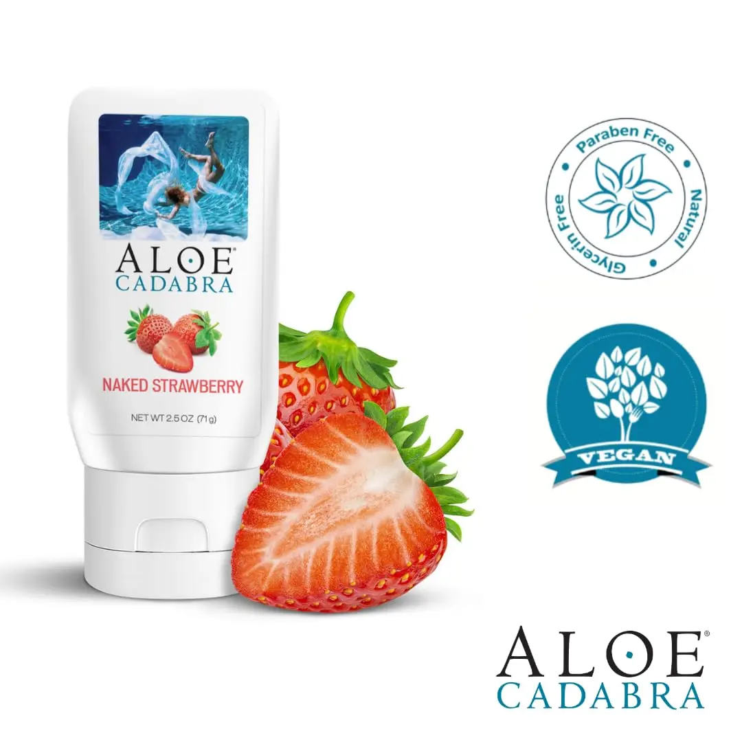 A bottle of Aloe Cadabra body lubricant, formulated with care and well packed, is displayed.