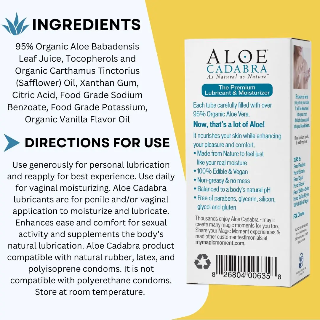 A 2.5 ounce bottle of Aloe Cadabra Pina Colada flavored organic edible lubricant for men and women, formulated with care and packed with a host of goodness in hygienic packaging.