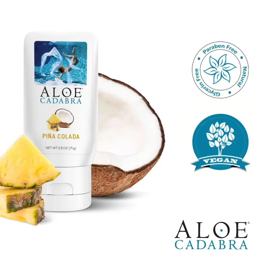 A 2.5 ounce bottle of Aloe Cadabra Pina Colada flavored organic edible lubricant for men and women, formulated with care and packed with a host of goodness in hygienic packaging.