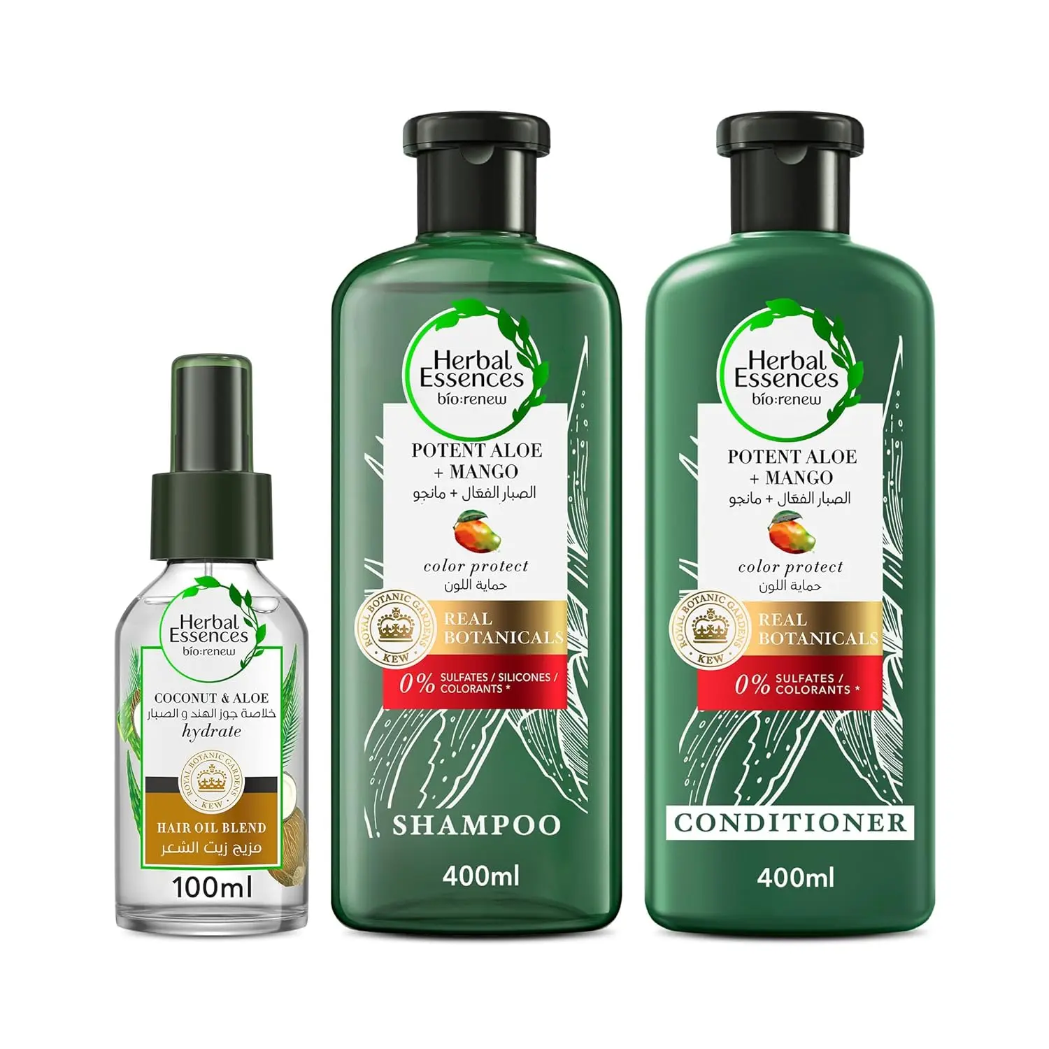 Herbal Essences Aloe Vera and Mango shampoo, conditioner, and hair oil set protects color-treated hair and hydrates dry hair, leaving it smooth and manageable.