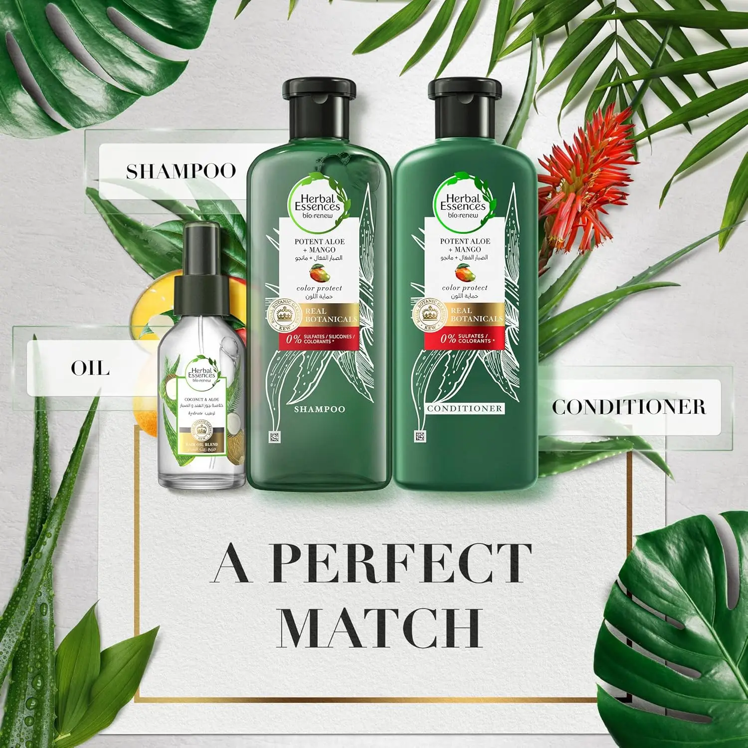Herbal Essences Aloe Vera and Mango shampoo, conditioner, and hair oil set protects color-treated hair and hydrates dry hair, leaving it smooth and manageable.