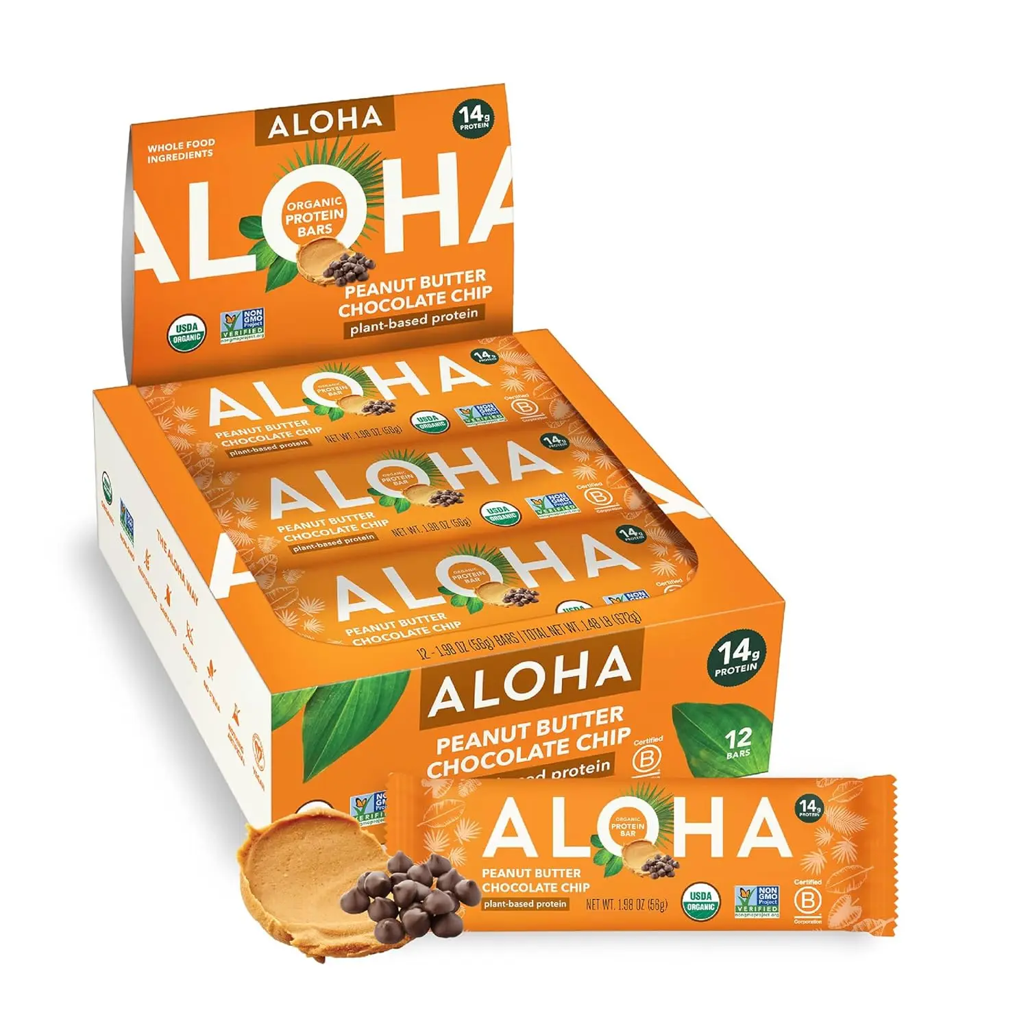Twelve ALOHA Organic Plant Based Peanut Butter Chocolate Chip protein bars, a vegan, gluten-free, and paleo-friendly snack.