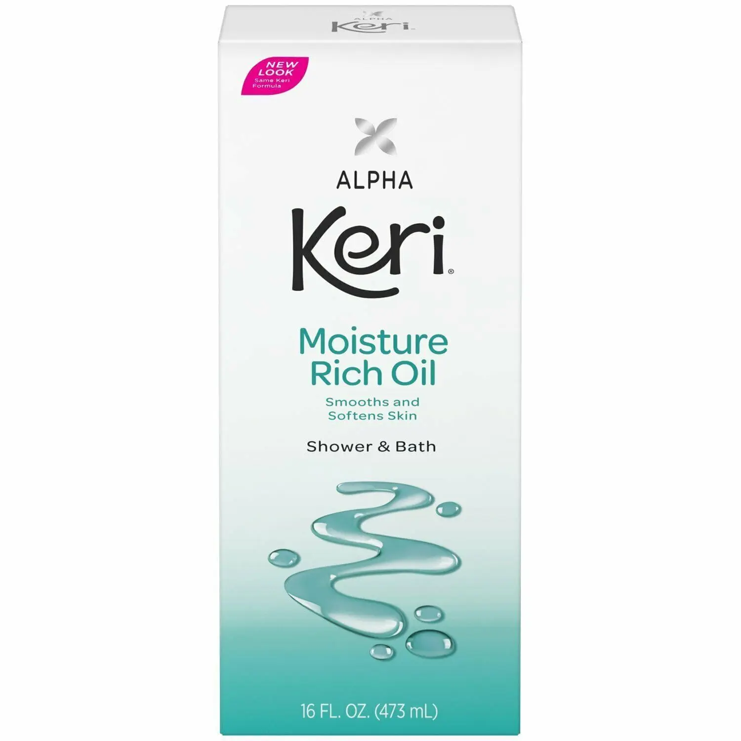 Eight bottles of Alpha Keri Moisture Rich Oil, a dermatologist-recommended bath and shower oil made in the USA, designed to smooth and soften skin.