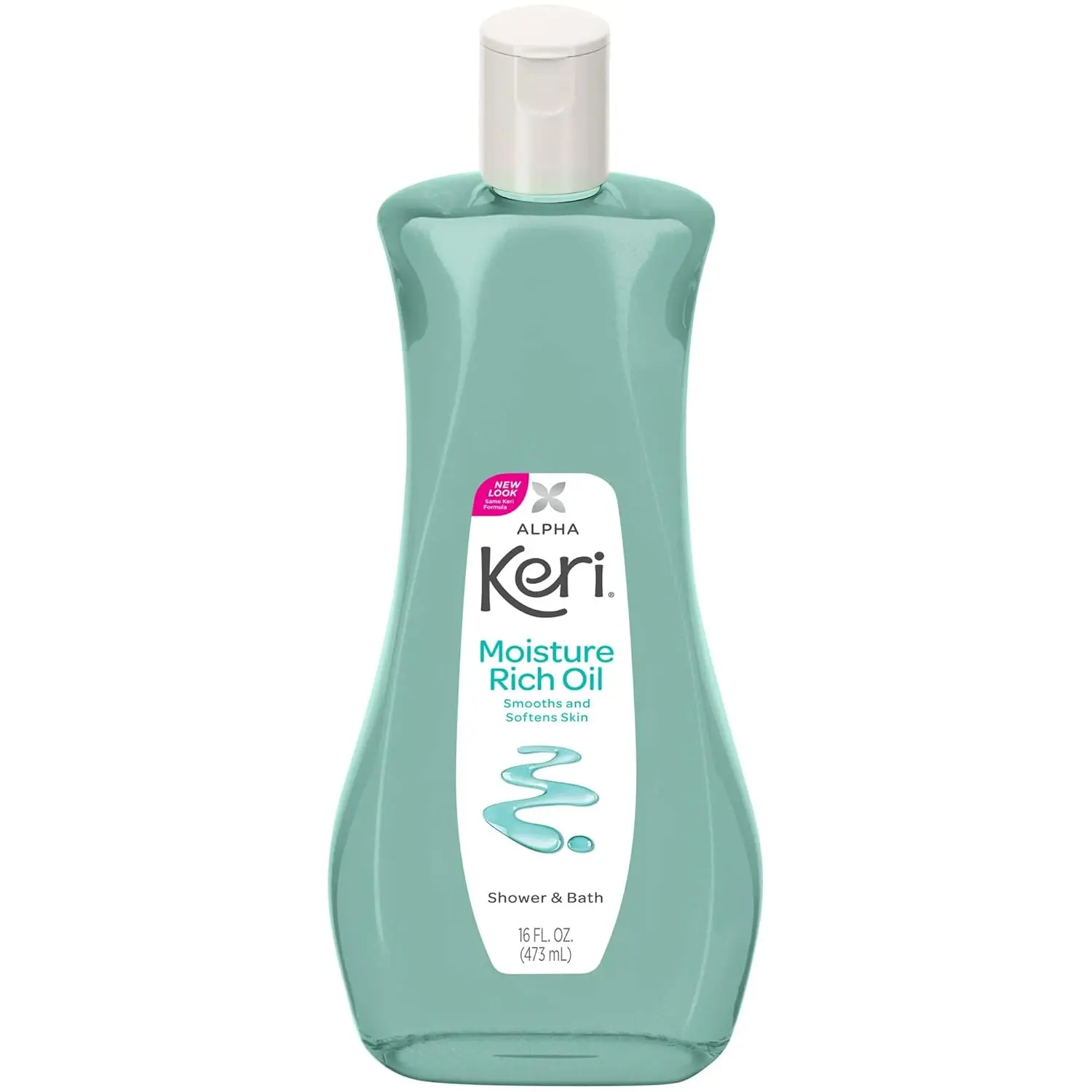 Eight bottles of Alpha Keri Moisture Rich Oil, a dermatologist-recommended bath and shower oil made in the USA, designed to smooth and soften skin.