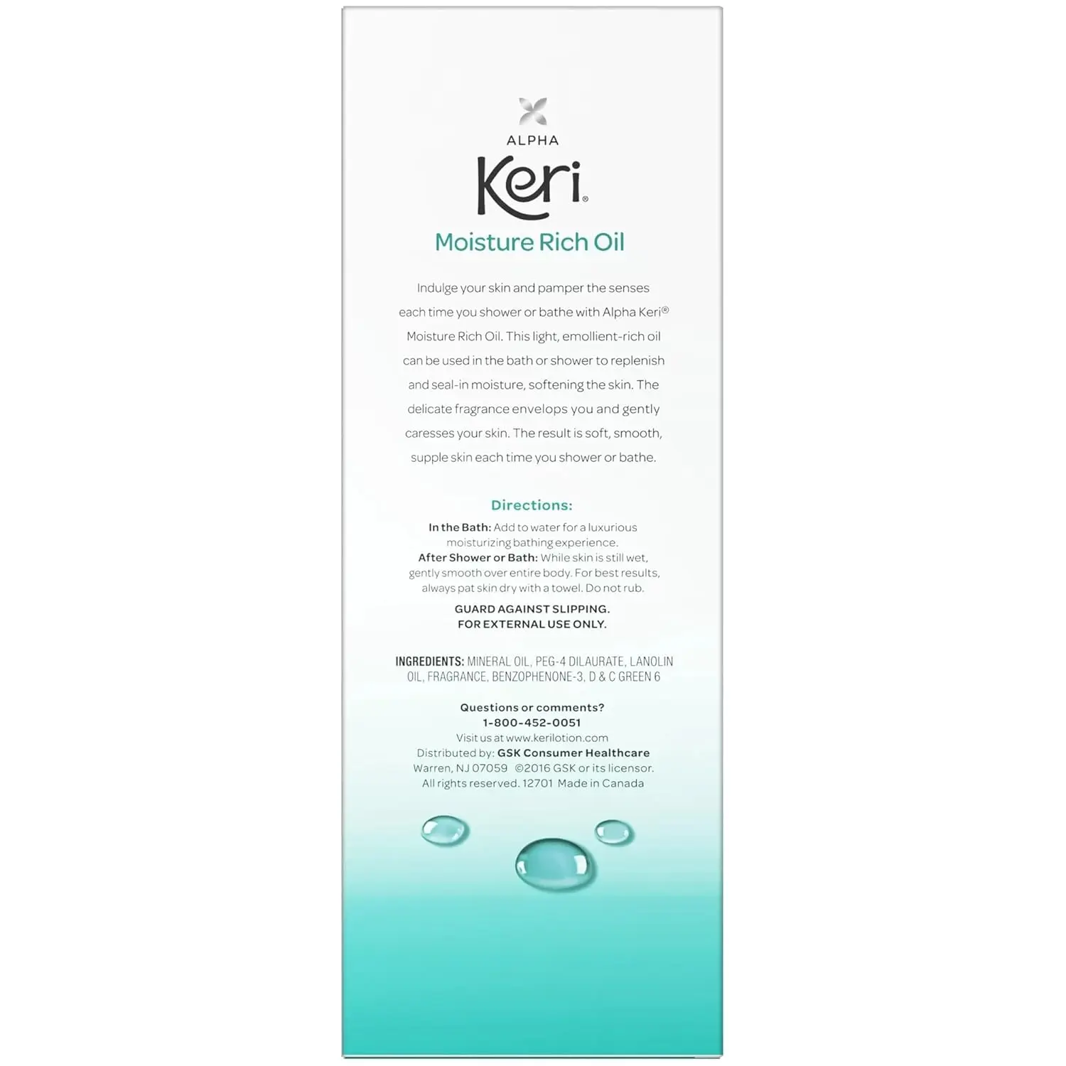 Eight bottles of Alpha Keri Moisture Rich Oil, a dermatologist-recommended bath and shower oil made in the USA, designed to smooth and soften skin.