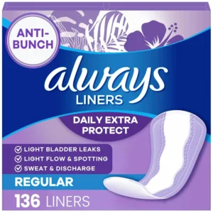 Four packs of Always Anti-Bunch Xtra Protection Daily Liners provide super absorbent, stay-put protection to keep you dry and clean all day long.