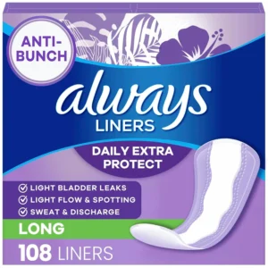 Always Anti-Bunch Xtra Protection panty liners for women provide comfortable, long-lasting protection with a dual-layer design and Edge-2-Edge adhesive.