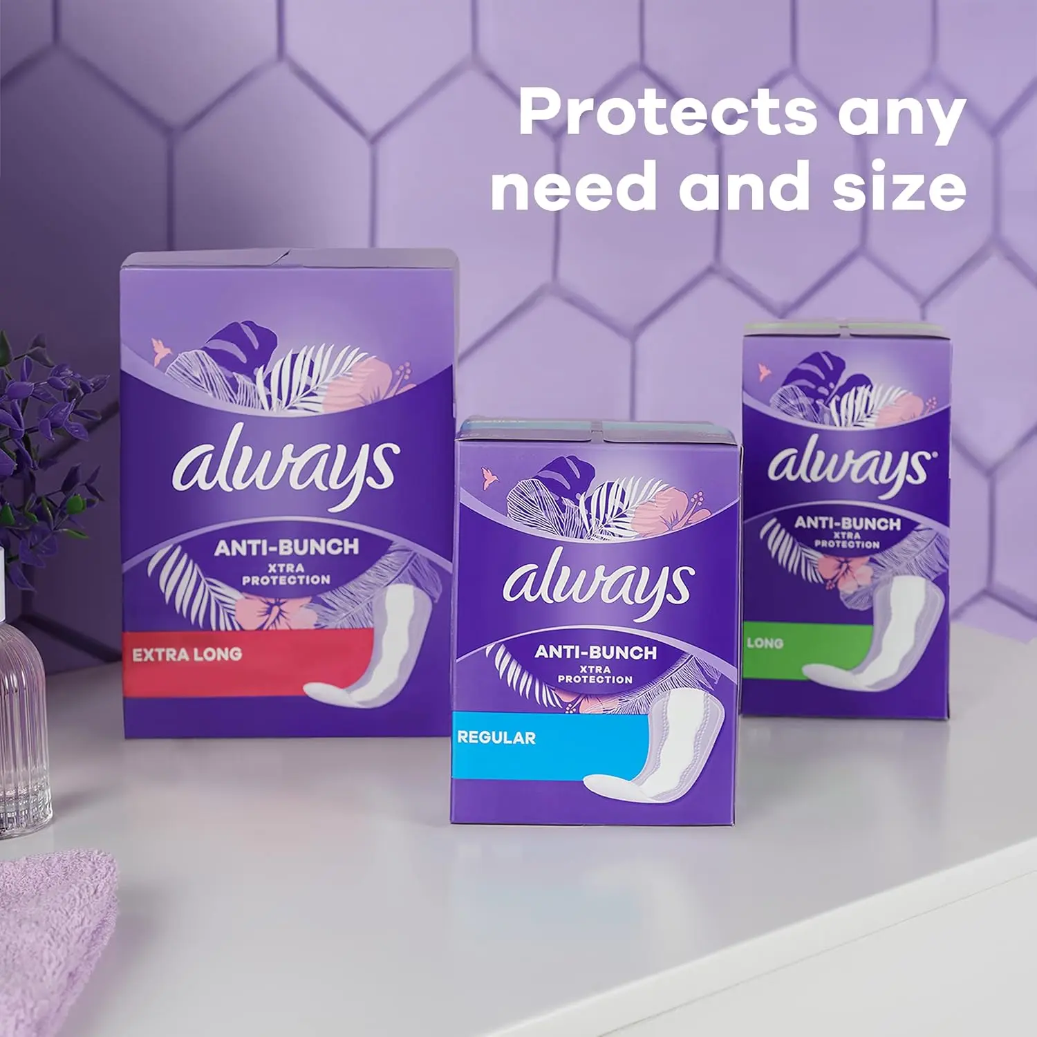 Always Anti-Bunch Xtra Protection panty liners for women provide comfortable, long-lasting protection with a dual-layer design and Edge-2-Edge adhesive.