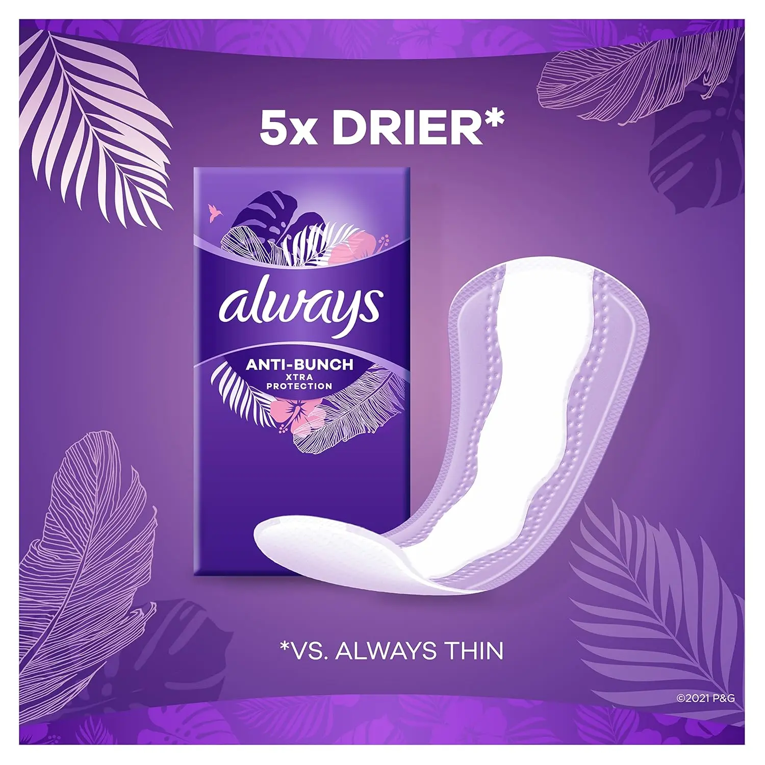 Always Anti-Bunch Xtra Protection panty liners for women provide comfortable, long-lasting protection with a dual-layer design and Edge-2-Edge adhesive.