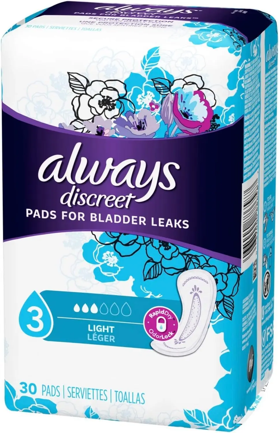 Always Discreet light incontinence pads with RapidDry core lock away leaks and odors, keeping you drier than period liners.