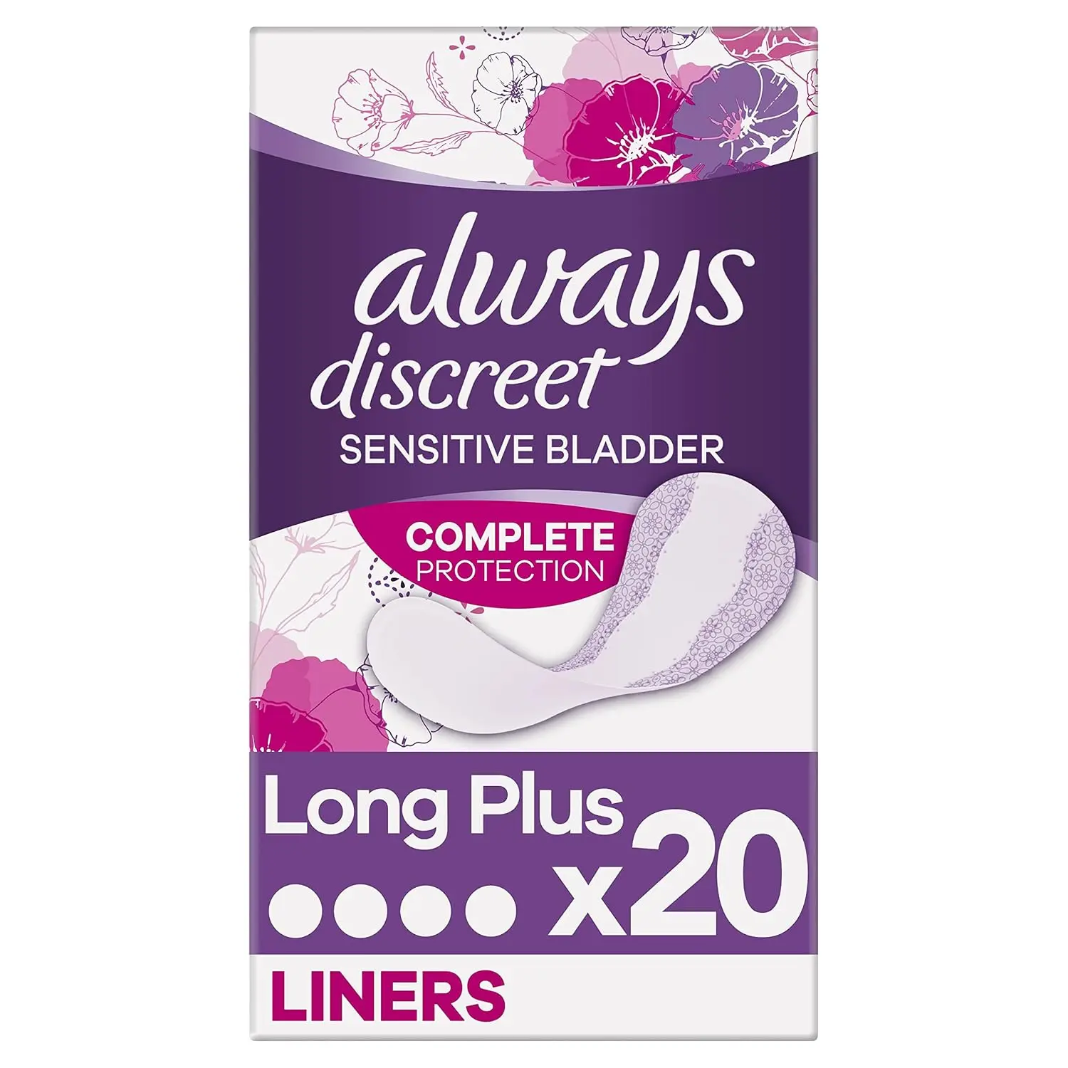 A package of Always Discreet incontinence liners for women with RapidDry and OdourLock technology, designed to be thin, flexible, and dermatologically tested for sensitive bladders.