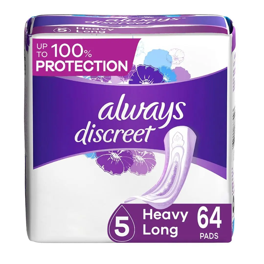 Always Discreet Size 5 incontinence pads with RapidDry provide discreet, fragrance-free, dermatologically tested bladder leak protection that turns liquid to gel.
