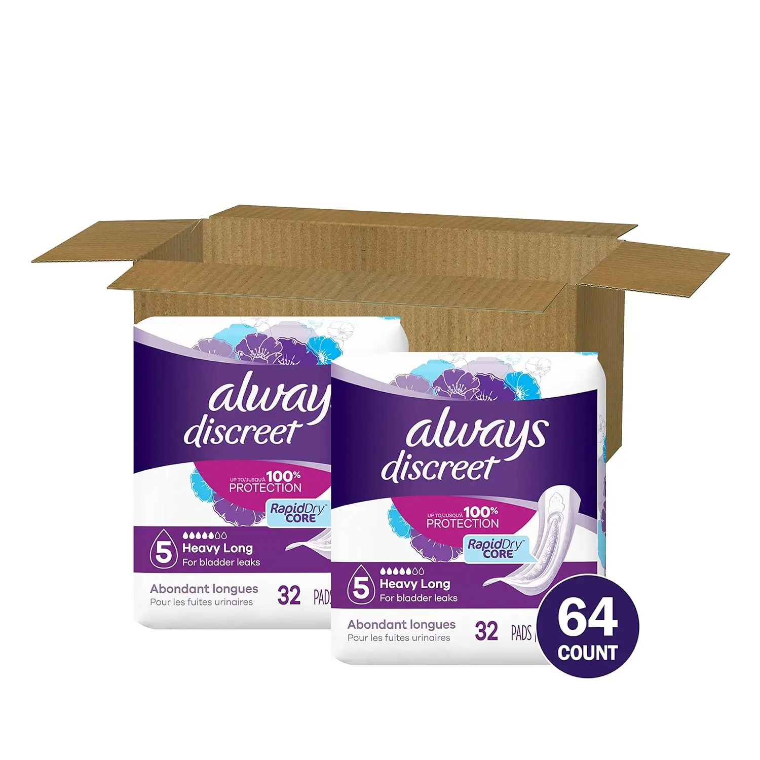 Always Discreet Size 5 incontinence pads with RapidDry provide discreet, fragrance-free, dermatologically tested bladder leak protection that turns liquid to gel.