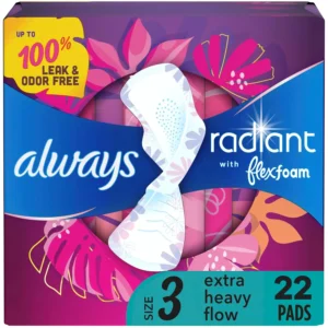 Always Radiant Size 3 sanitary pads with FlexFoam offer up to 100% leak and odor-free protection with a comfortable, flexible fit and a radiant design.