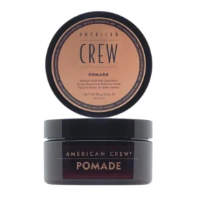 American Crew pomade for men with medium hold and high shine, a water-based hair styling product that easily washes out.