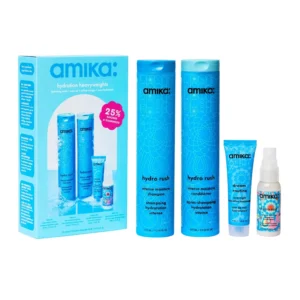 Amika Hydration Heavyweights set of four hydrating hair care products for cleansing and moisturizing dry hair.