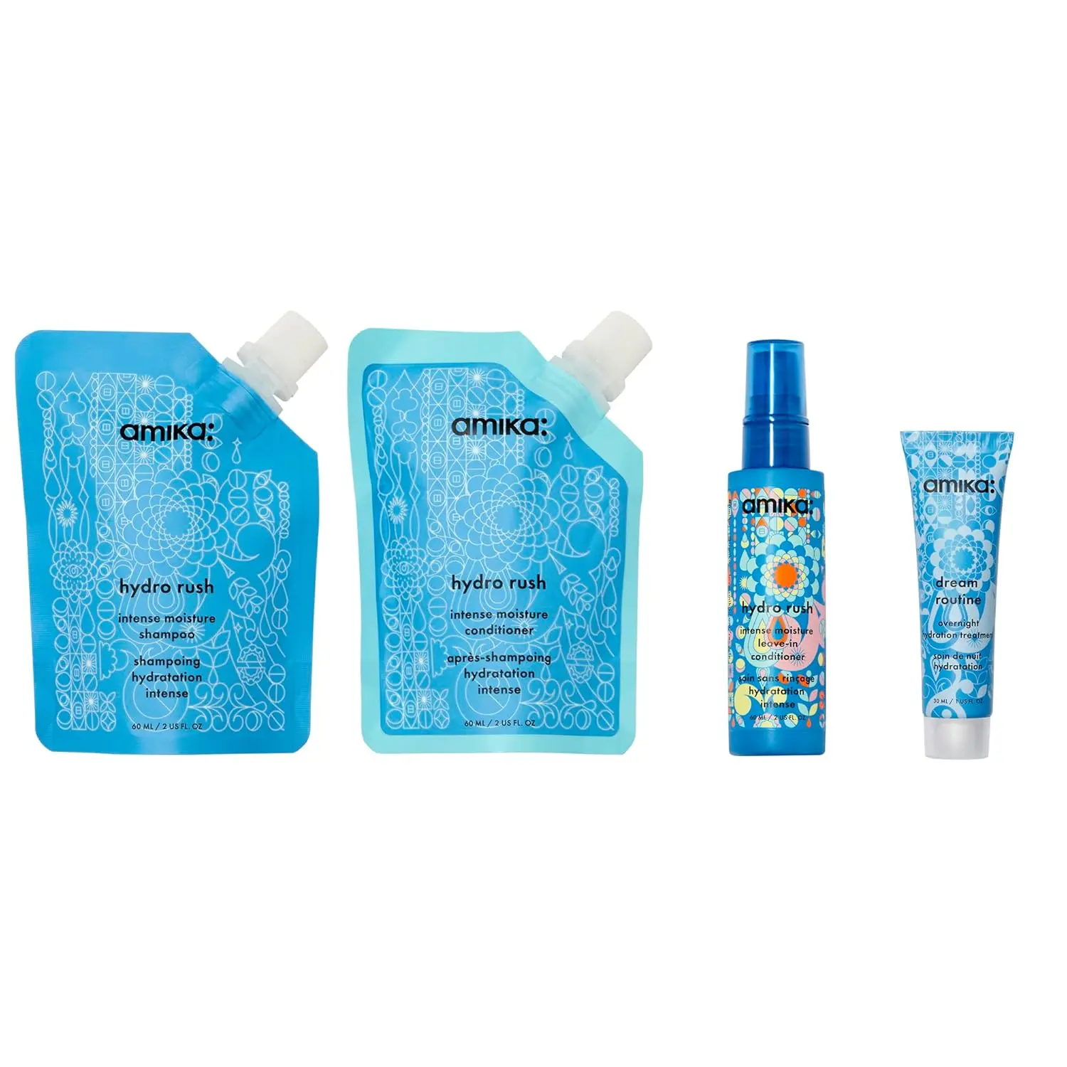 The Amika Hydro Dream Hair Routine Trial Set intensely hydrates and moisturizes dry hair with a shampoo, conditioner, leave-in conditioner and overnight mask, leaving hair three times more hydrated.