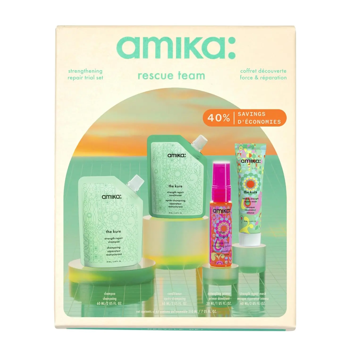 The amika Rescue Team Hair Repair Trial Set includes bond repair shampoo, conditioner, hair mask and detangling primer to cleanse, moisturize, strengthen and protect your hair.
