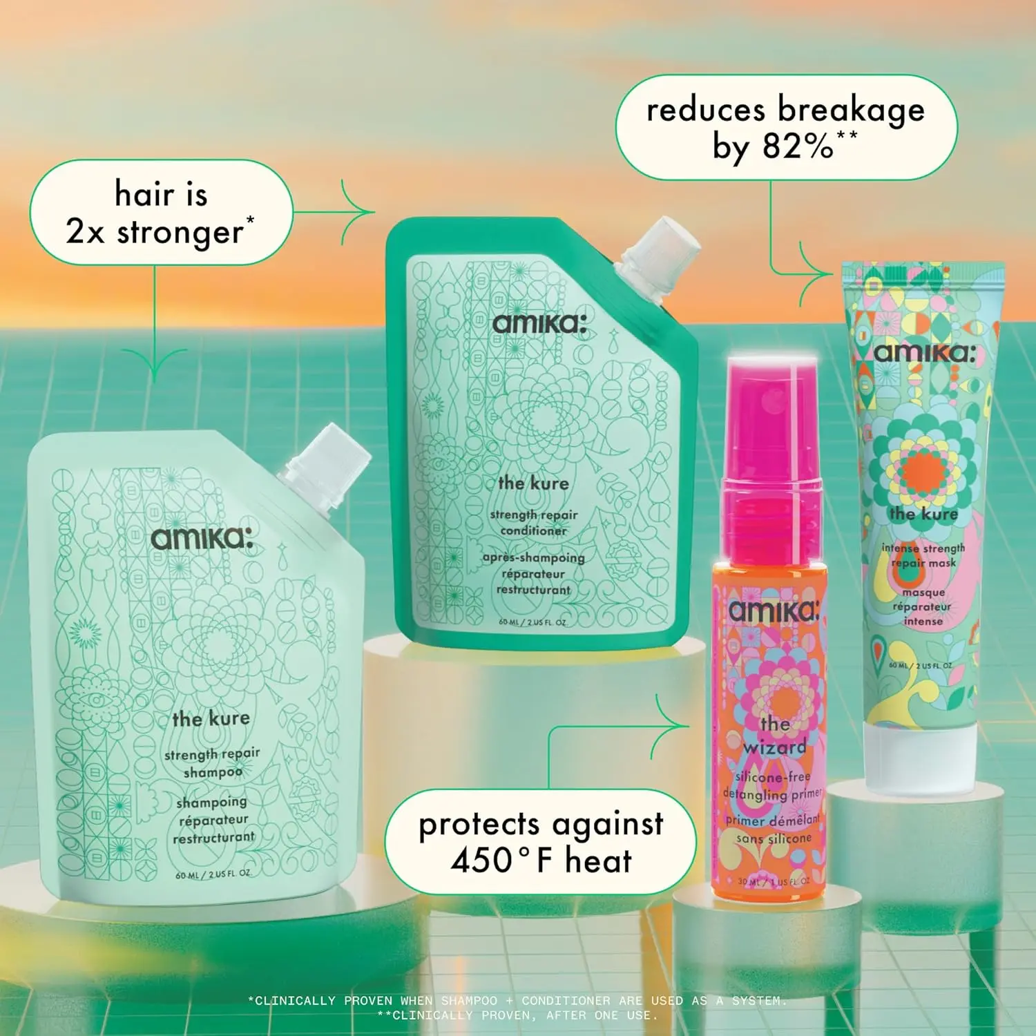 The amika Rescue Team Hair Repair Trial Set includes bond repair shampoo, conditioner, hair mask and detangling primer to cleanse, moisturize, strengthen and protect your hair.