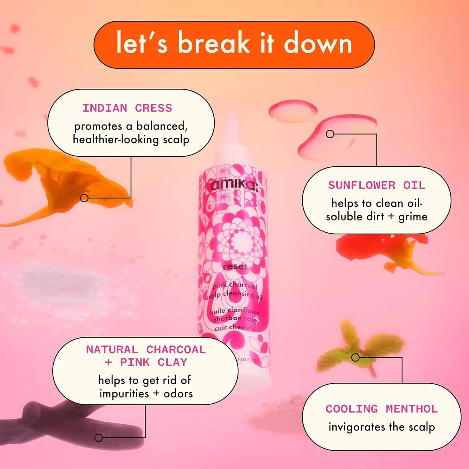 Amika Reset pink charcoal cleansing oil transforms into a foam to purify and detoxify the scalp, removing build-up, dirt, and oil for a refreshed feel.