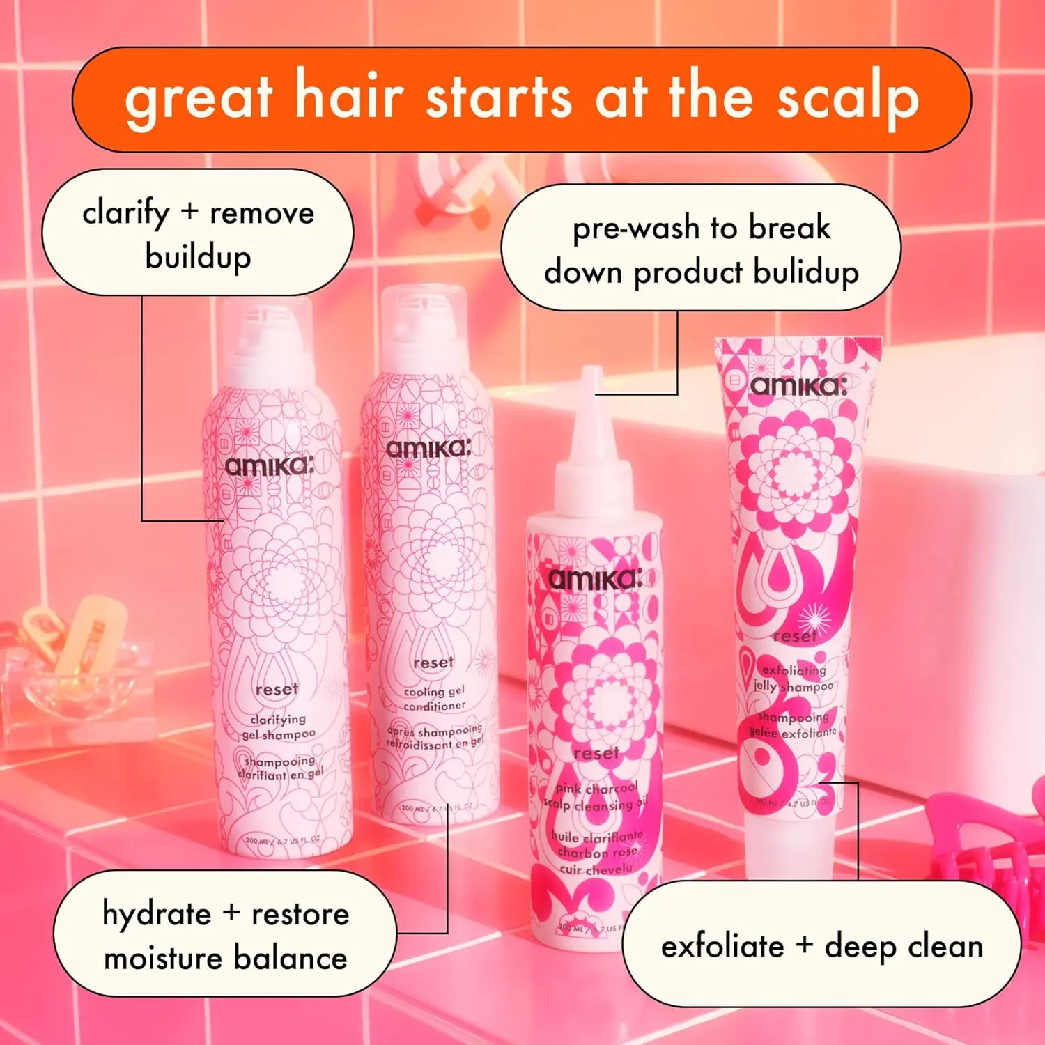 Amika Reset pink charcoal cleansing oil transforms into a foam to purify and detoxify the scalp, removing build-up, dirt, and oil for a refreshed feel.